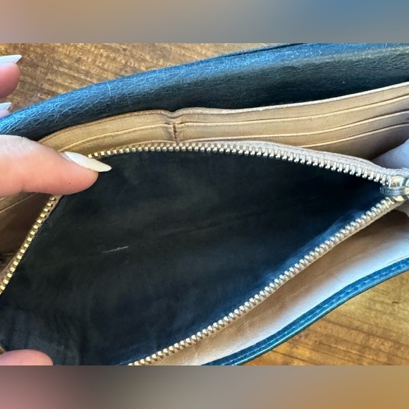 Prada Long Double Snap Flap Wallet Distressed Blue Green Leather Gold Hardware - Picture 9 of 14